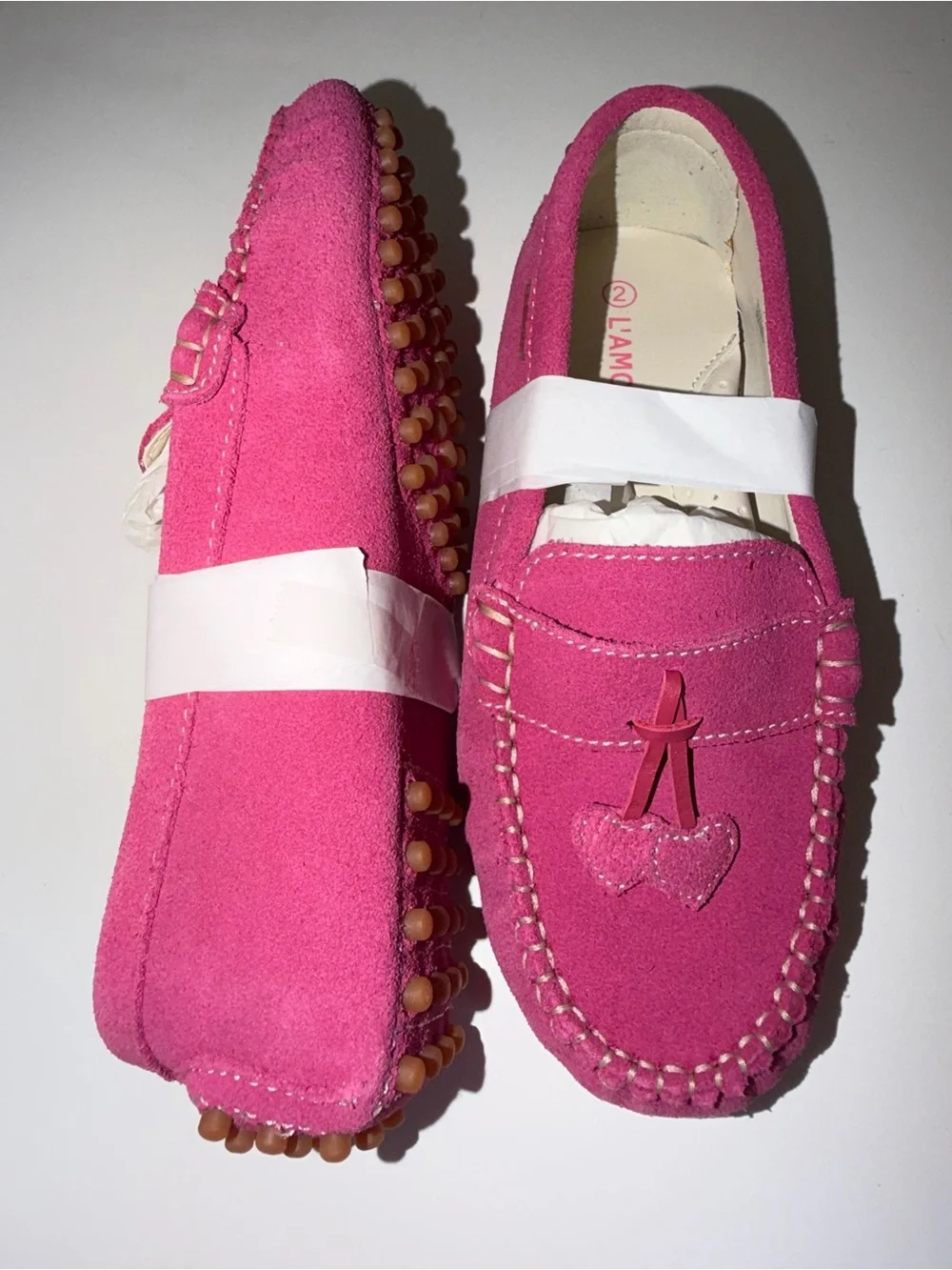 L'Amour Kids Hot Pink Suede Moccasin Loafers with Heart Charm